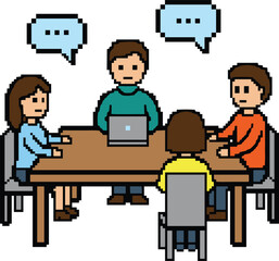 Pixel art business meeting and team discussion illustration, office collaboration, communication, teamwork, startup planning, retro style workplace scene