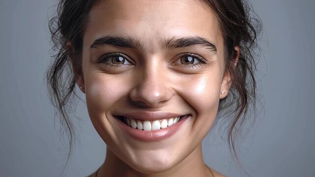 Close-up of a happy young woman smiling genuinely at the camera.