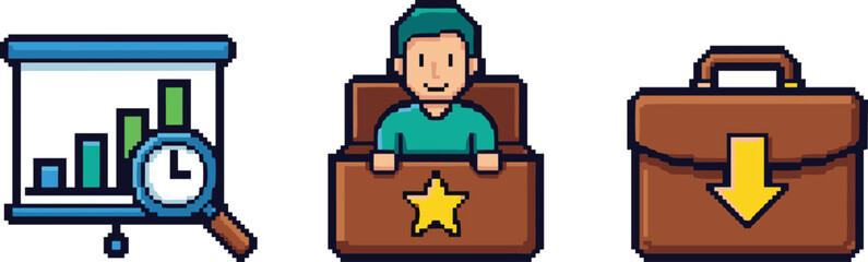 Pixel art business management icons showing analytics presentation employee profile dashboard and briefcase download concept isolated on white background
