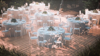 Beautiful round tables are arranged in a tranquil garden, with white tablecloths and greenery as centerpieces. Soft sunlight filters through the trees, creating a perfect atmosphere for celebration.