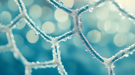 Frozen texture of a netting with waterdrops against a bokeh background