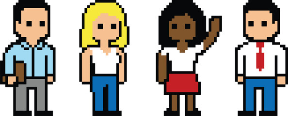 Pixel art diverse people characters illustration, multicultural men and women standing together, teamwork diversity concept, retro 8 bit style