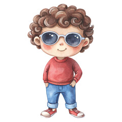 Cute watercolor illustration of a little boy with curly brown hair, and stylish round sunglasses vector