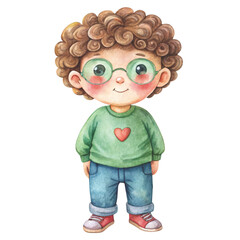 Cute watercolor illustration of a little boy with curly brown hair, and stylish round sunglasses vector