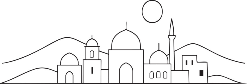 Minimalist black and white line art of a desert town with domes and a minaret under a sun village