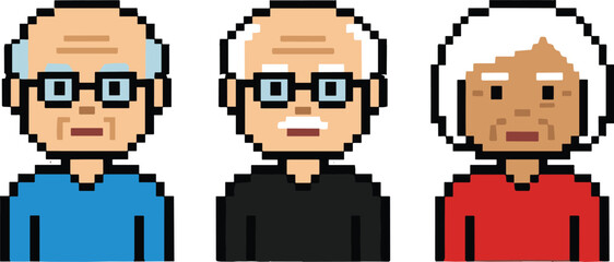Pixel art senior avatar set illustration, elderly men and women faces, aging people icons, retirement healthcare concept, profile portrait design © Creative Asif