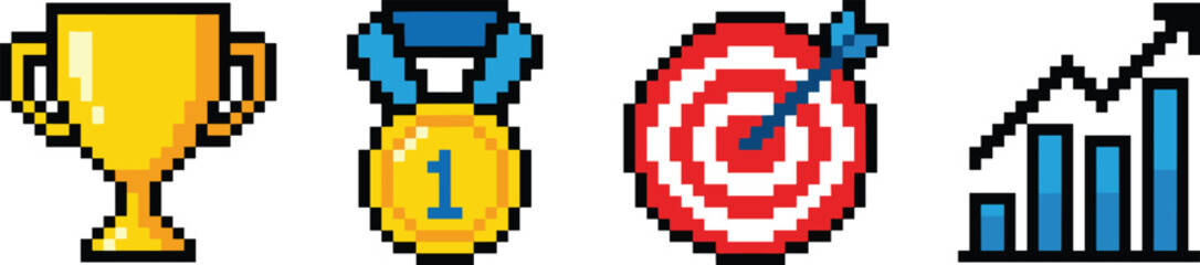 Pixel art achievement icons set, trophy medal target growth chart, business success goals rewards progress strategy illustration