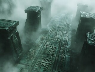 Mystical abandoned temple ruins disappearing within the shrouds of fog and mist