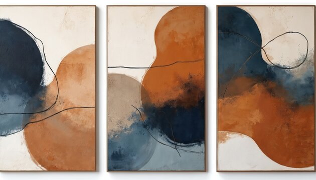 Set of three abstract paintings feature organic shapes in warm earth tones and deep blues. Thin black lines create dynamic contrast across textured surfaces. Modern wall art adds visual depth.