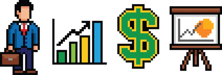 Pixel art business growth icons featuring businessman, analytics chart, dollar symbol, presentation board, finance, marketing, strategy, success, management concept