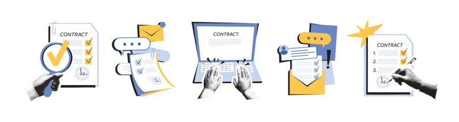 Business document and contract preparation process, laptop, checklist, and signature isolated on white background. Flat illustration with halftone collage. Contract management and digital workflow