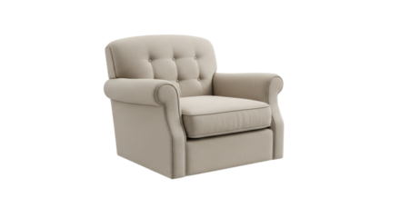 Comfortable neutral armchair with button-tufted backrest against a pure white backdrop showcases refined design for interior inspiration