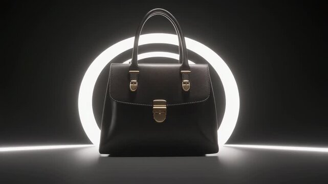 Elegant black leather handbag with golden hardware against a futuristic glowing circular background