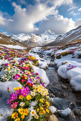 mountain landscape with snow and flowers
