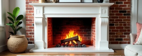 Crisp white mantel, warm brick fireplace, dancing flames , home, interior, minimalist