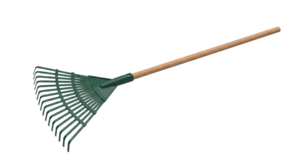 Angled view of a green plastic leaf rake with a wooden handle on a white backdrop ideal for autumn cleanup illustrations with a clean aesthetic