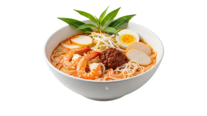 Aromatic Laksa Bowl: Shrimp, Noodles, and Vibrant Garnishes on a Clean Backdrop showcasing culinary artistry and the beauty of Asian cuisine in a