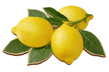 Three bright yellow lemons with green leaves on black background citrus fruit