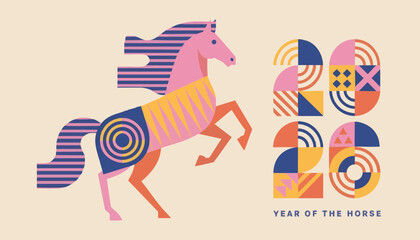 Colorful Year of the Horse 2026 Artwork Showcasing Playful Horse Illustration and Geometric Shapes