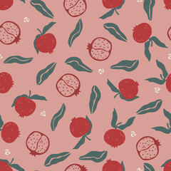 Hand drawn pomergranate pattern, fruits and leaves on pink background. Vector illustration with fruits ,seamless patern.