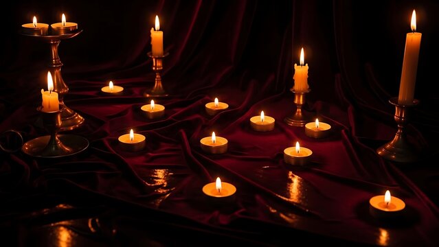 Many lit candles on a red velvet tablecloth in a dark room with soft warm lighting ambiance - Powered by Adobe
