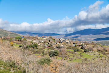 Slate stone antique village of Roblelacasa. Black architecture. Guadalajara, Spain