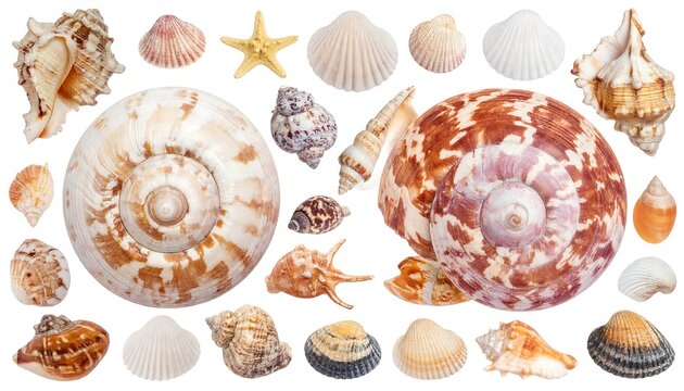 Assortment of various seashells, starfish, and conch shells, isolated on white background, showcasing intricate textures