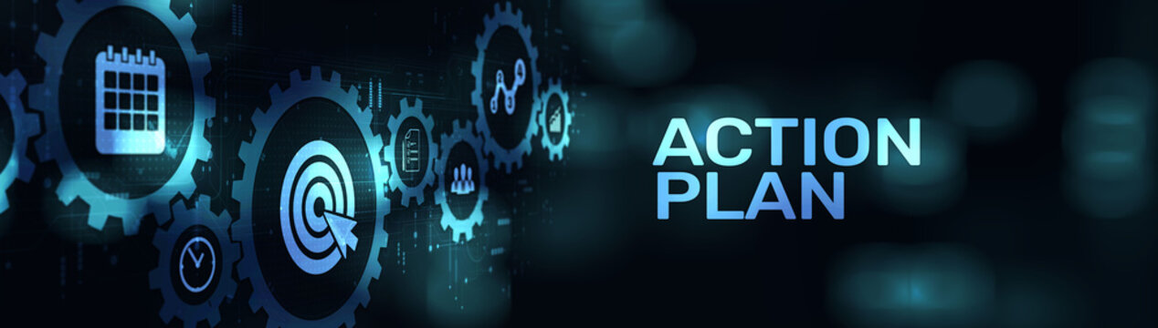 Action Plan Strategic Execution and Goal Setting on a Wide Banner, Business and Technology Concept.