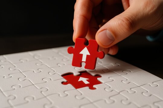 Uniting the Threads: A hand precisely inserts the final puzzle piece, signifying the completion of a complex endeavor, showcasing problem-solving and collaboration.
