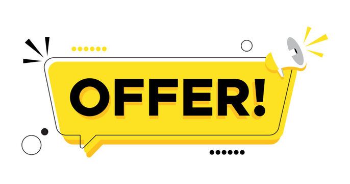 Offer! Special Discount Speech Bubble Banner with Megaphone. Sale Promotion Tag Template with Yellow Dialog Box. Marketing Announcement Sticker with Megaphone and Offer Text.