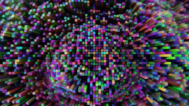 Abstract digital artwork, a sphere constructed of colorful, rectangular blocks