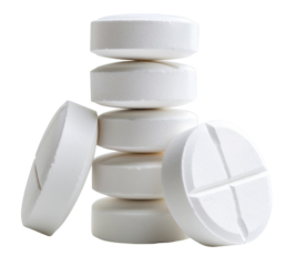 White tablets are neatly stacked on a transparent background. The display shows clear details without shadows, suitable for medical or health-related projects