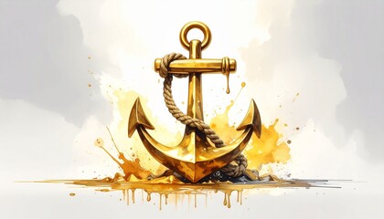 Golden anchor wrapped in thick rope with splash of gold paint on light background—symbol of strength and artistry.