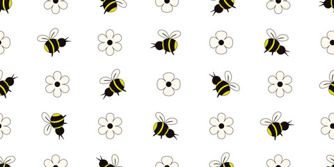 Summer wallpaper design. Vector funny fat bee and hand drawn Flowers Seamless Trellis. Perfect nursery child wall decor, silly Summer wrapping paper. EPS 10