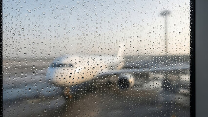 Rainy day at airport with plane in background