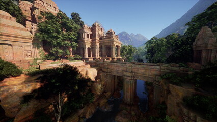 Stunning ancient ruins rise majestically from vibrant greenery, surrounded by towering mountains. Sunlight bathes the scene, highlighting intricate stonework and a serene river flowing below.