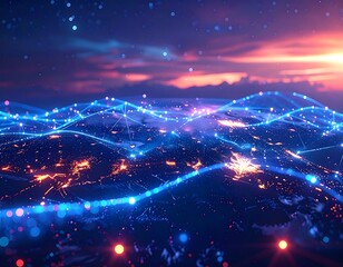 Glowing digital network over an illuminated, abstract terrain