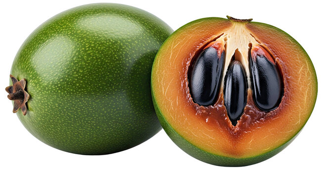 Green Caimito Fruit Cut Showcasing Black Star Seeds Cross-section