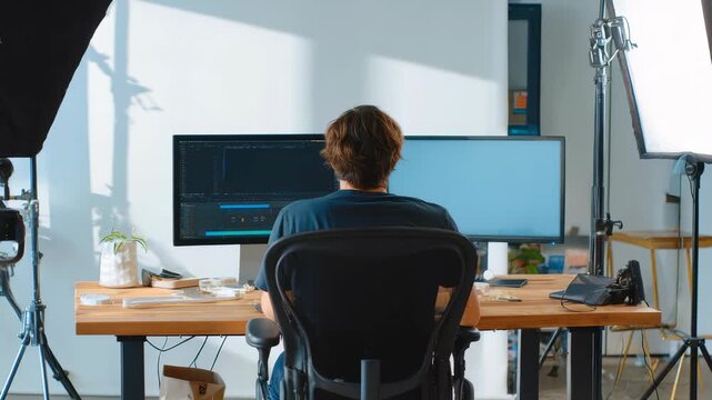 Freelancer sits in ergonomic chair, focused on digital project at large computer screens in a bright, stylish room. Home office setup features tech gadgets, plants, and organized workspace essentials