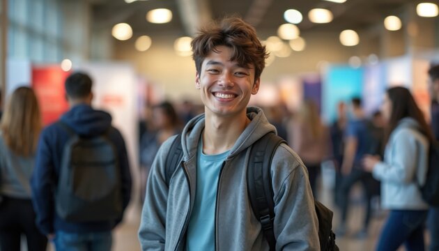 Smiling young asian man with backpack at university fair. Students interact with recruiters at career event, seeking jobs and future opportunities. Education and career growth concept.