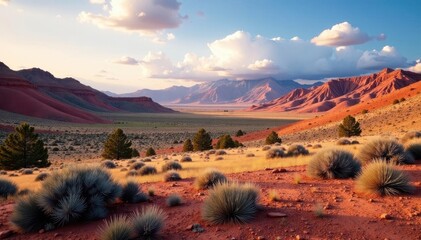 Dramatic painted hills landscape with juniper and sagebrush under a vast sky , Columbia Plateau, geology