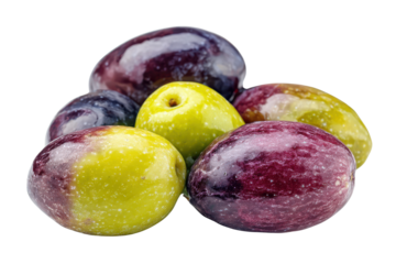 Pile of ripe green and purple olives with speckled texture on black background fruit food