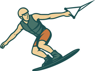 Wakeboarder riding a wakeboard with a tow rope and handle Keywords: wakeboarding, wakeboarder