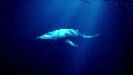 Beneath the surface, a magnificent whale swims gracefully in the deep blue ocean. Sunlight filters through, illuminating its massive body as it explores the aquatic world at dusk. © icetray