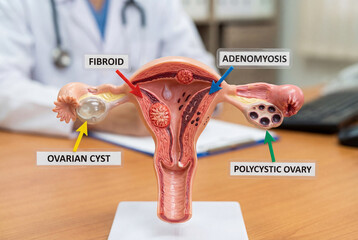 Detailed anatomical model of the uterus and ovary highlighting various pathologies in a medical classroom setting.