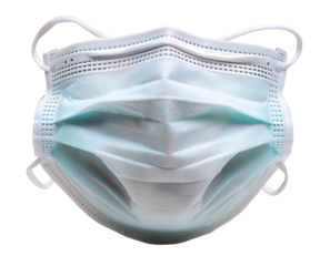 A face mask is displayed on a transparent background with a soft shadow. The mask is showing detail in its structure and design, representing health and safety
