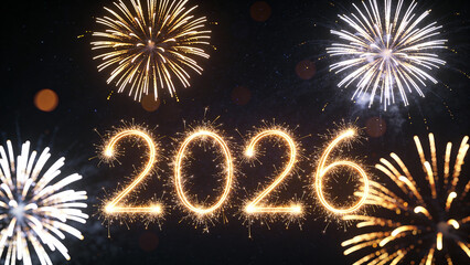 Fireworks display with glowing '2026' text against a dark night sky