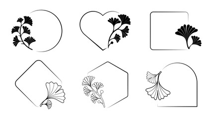 Ginkgo Frame Set. Minimal Black Line Art and Silhouettes