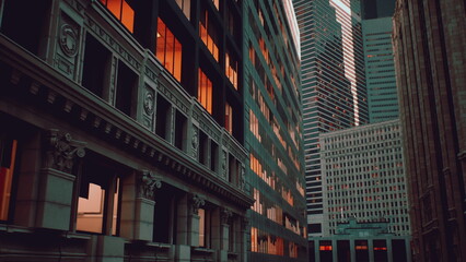 Fototapeta premium Bright orange light reflects off modern glass buildings at sunset, creating a stunning contrast with the historical architecture nearby. The scene captures the vibrant energy of the city.