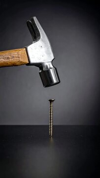 Close-up of a hammer about to strike a screw on a dark, reflective surface against a black backdrop